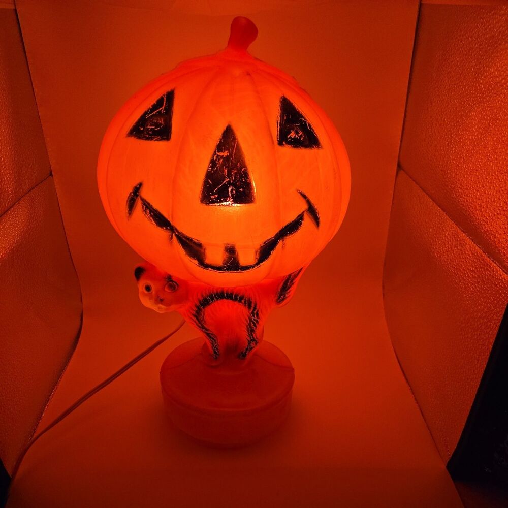 🎃Vtg Jack O Lantern Pumpkin & Cat 14" Tabletop Blow Mold Light Works Halloween